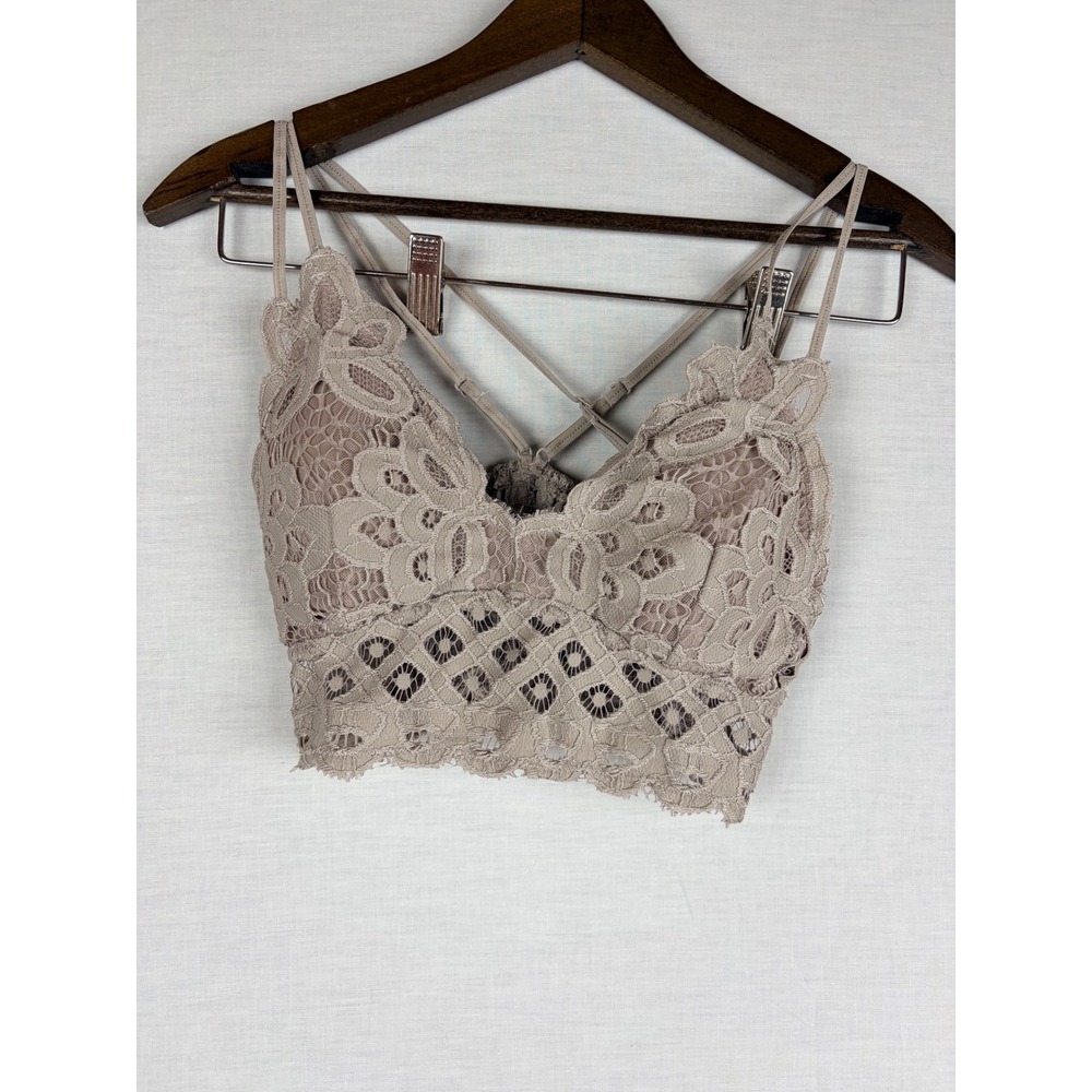 Anemone Floral Lace Bralette Taupe Mauve Smocked Back Strappy Women's Size M - Picture 2 of 8